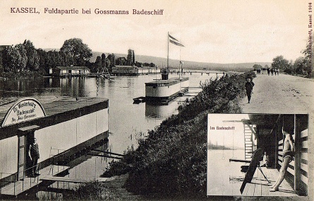 Badeschiffe am Ufer der Fulda 1906 