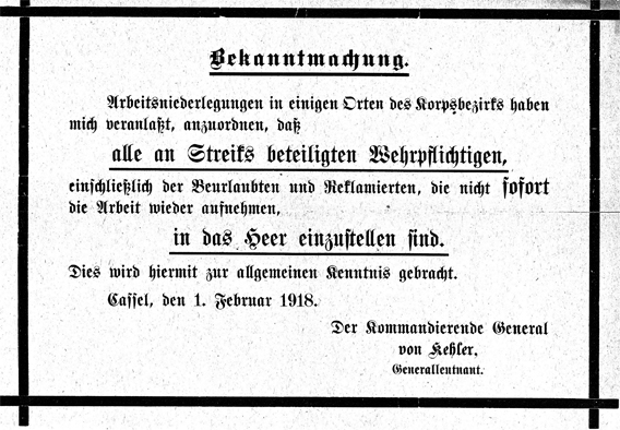 Bekanntmachung zur Wehrpflicht im Februar 1918 