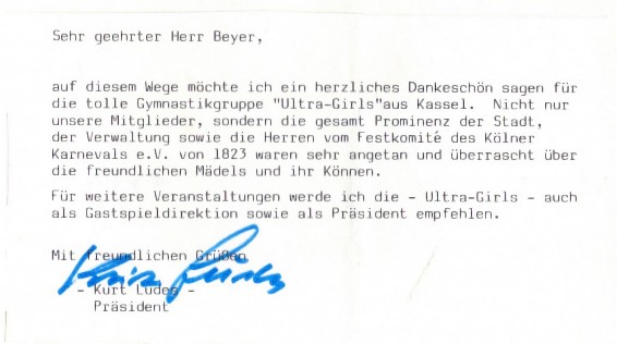 Dankesschreiben des Karnevalspräsidenten an den 1. Vorsitzenden des VfB Kassel e.V. Manfred Beyer, aus 1983