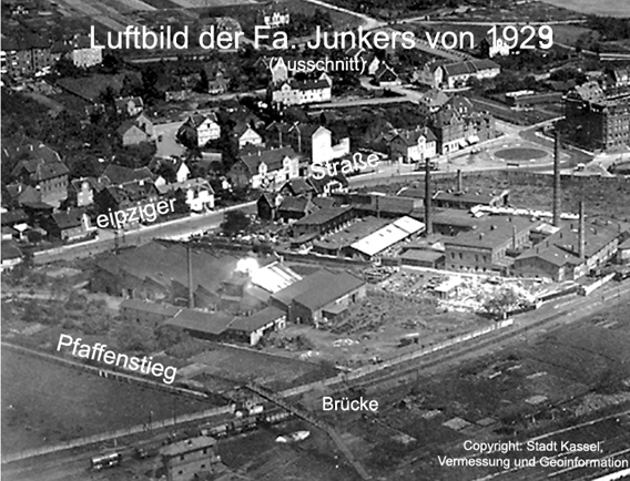 Luftbild von 1929 mit eingetragenem Verlauf des Pfaffenstiegs 