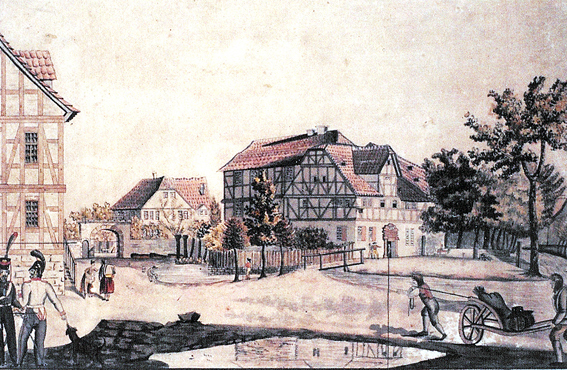 Zeichnung des Dorfplatzes in Bettenhausen, Hinter dem Torbogen der Pistorsche Hof, ~1800 