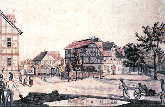 Zeichnung des Dorfplatzes in Bettenhausen, Hinter dem Torbogen der Pistorsche Hof, ~1800