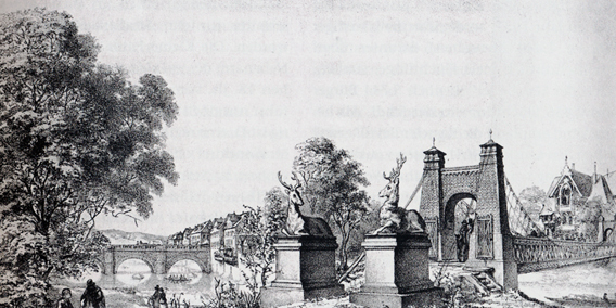 Stich der Drahtbruecke um 1870 