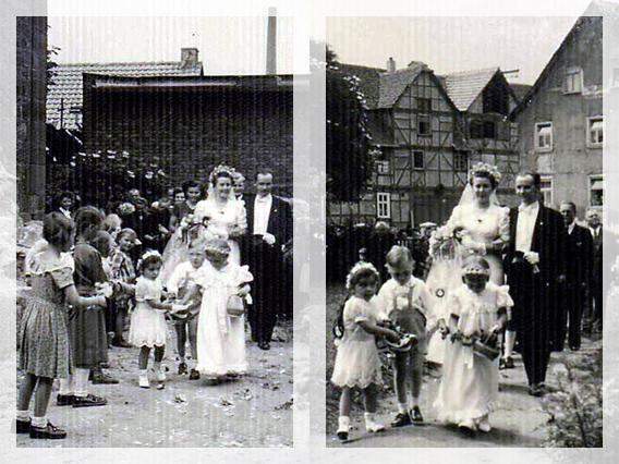 Hochzeitspaar Knoke mit Blumenkindern vor der Notkirche, 1952 