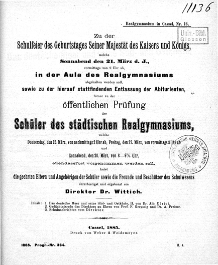 Einladung zur Reifeprüfung und Kaisers Geburtstag, 1885 