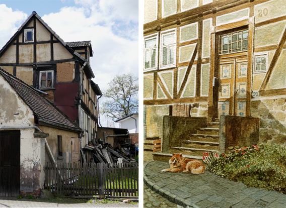 Erfurter Straße 20, Soldatenhaus und Zeichnung des Eingangs des abgerissenen Hofes 