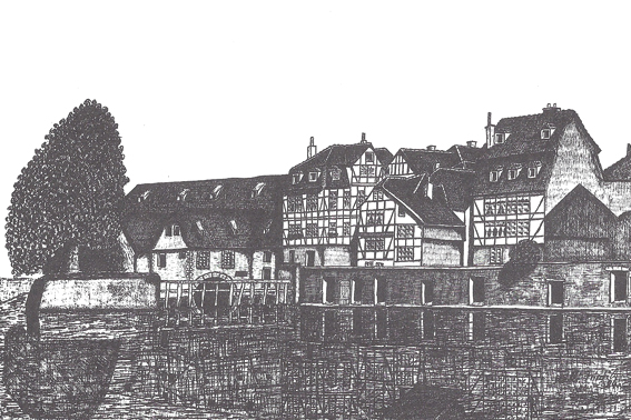 Unterneustädter Mühle, Federzeichnung von Willi Friedrich 