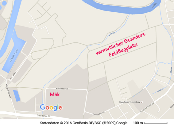 Karte aus 2016 von Kassel Salzmannshausen in der rot der ehemalige Feldflugplatz eingetragen ist 