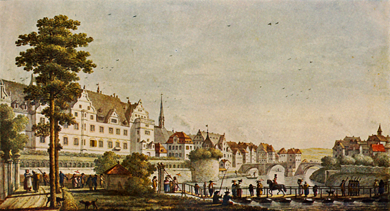 Schiffbruecke ueber die Fulda um 1780 mit Blick auf das Schloss 
