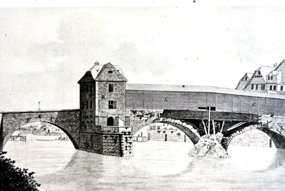 Die Fuldabrücke von 1512 mit Holzdach 