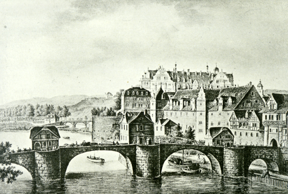 Ansicht der steinernen Fuldabrücke von 1512 vor dem Landgrafenschloss 