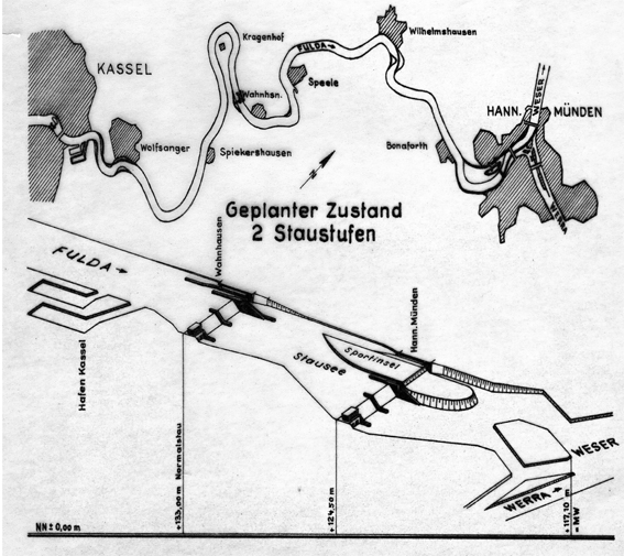 Plan mit zwei Staustufen zwischen Kassel und Hann. Münden 