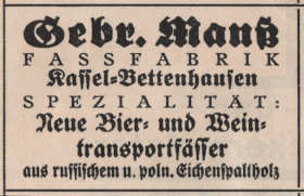 Reklame Gebrüder Manns Fassfabrik Kassel bettenhausen 
