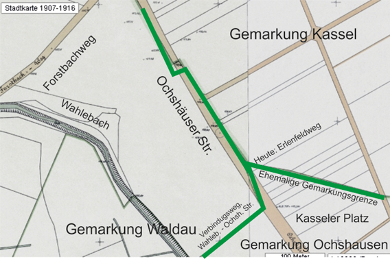 Gemarkungsgrenzen zwischen Kassel, Bettenhausen und Ochshausen 1916 