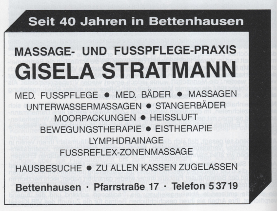 Anzeige 1988, Massage und Flusspflege Praxis Giesela Stratmann 
