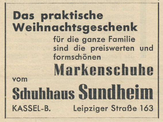 Anzeige Schuhaus Sundheim Heimatblatt 1952 