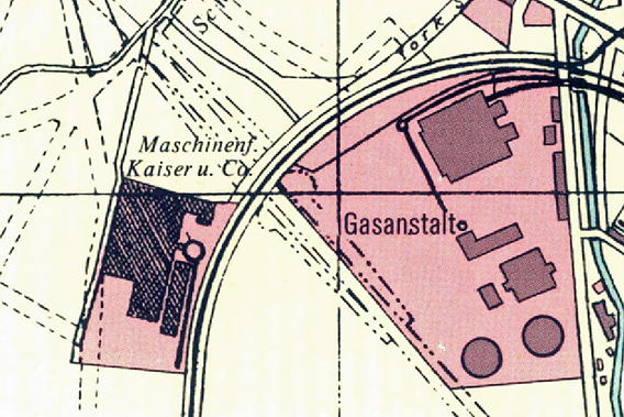 Firmengelände von Kaiser & Co in einem Stadtplanausschnitt von 1913 