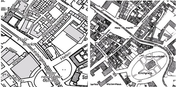 Ausschnitt aus dem Stadtplan von 2011 und von 1930 mit Blick auf Holzmarkt und Unterneustädter Kirchplatz 