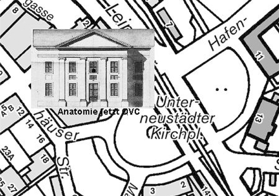Die Karte zeigt wo das Anatomische Theater am Kirchplatz stand
