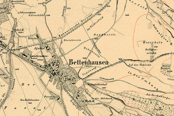 Bettenhausen in 1859, Niveaukarte von Hessen 1:25000 