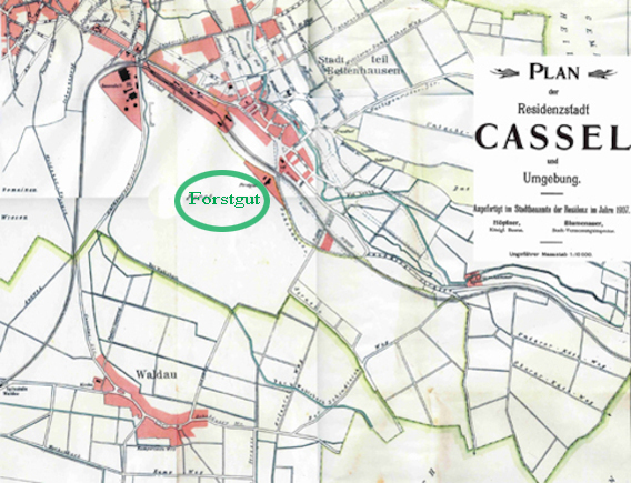Ausschnitt einer Karte der Stadt Kassel von 1907 mit gekennzeichneten Forstgut 