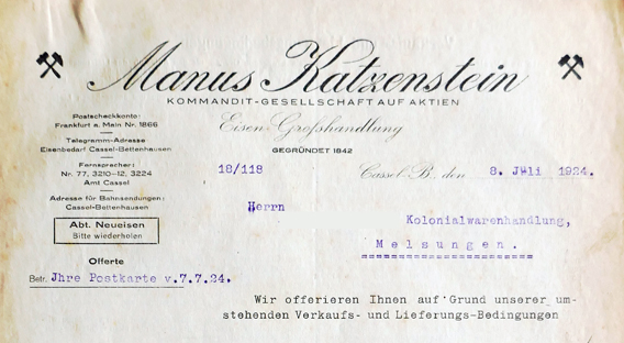 Briefkopf der Fa. Manus Katzenstein, 1924 