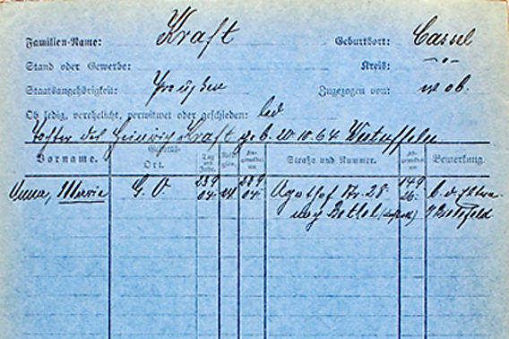 Meldekarte Marie Kraft, 1926