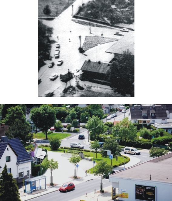 Die Kreuzung vor dem Umbau (Oben: 80-er Jahre) und danach (Unten: 2010) 