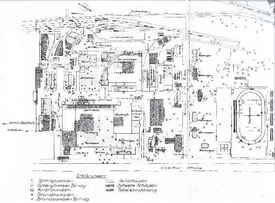 Der Werksplan vom Mai 1945 mit den Eintragungen aller Kriegschäden, Zerstörungen und Bombeneinschläge 