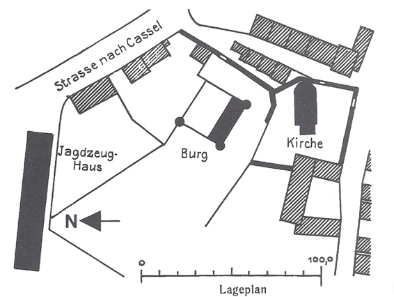 Lageplan des Jagdzeughauses und der Burg in Waldau 
