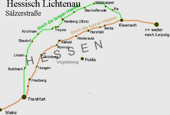 Karte Darstellung der Straße von Mainz nach Leipzig (lange und kurze Hessen) 