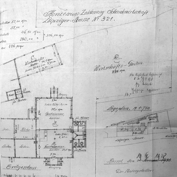 Lageplan von 1938 aus der Konzessionsakte des Gasthauses 