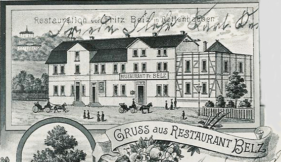 Gruß vom Restaurant Belz in Bettenhausen mit Kutsche, im Hintergrund der Herkules 