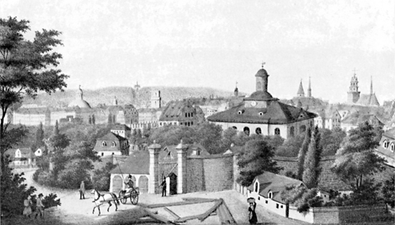 Leipziger Tor und dahinter die Unterneustädter Kirche, 1836 Lithographie von Kramp & Wagner 