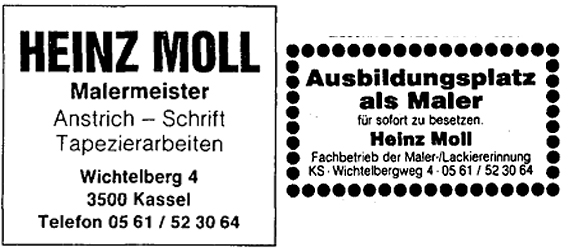 Malermeister Heinz Moll, Zeitungsanzeigen 