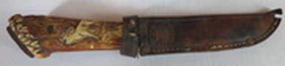 Fahrtenmesser in Scheide mit geschnitzten Hirschhorngriff 