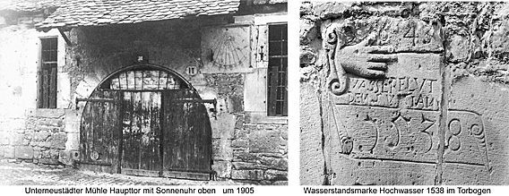 Mühlentor mit Sonnenuhr um 1895 und Hochwassermarke 1538 im Tobogen 