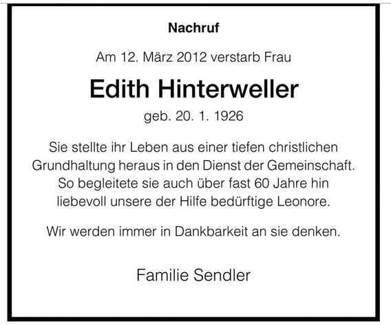 Todesanzeige von Edith Hinterweller (Tante Edith) 2012 
