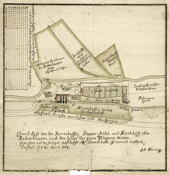 Plan von 1774 der Papiermühle und den Fischteichen im ehemaligen Eisenhammer 