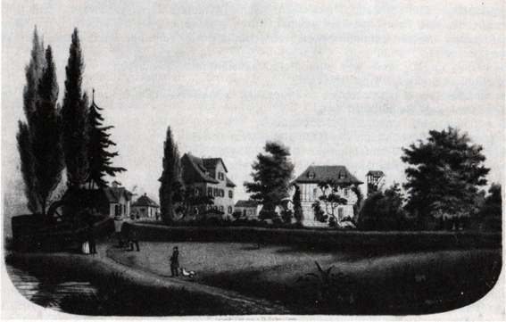 Die Pulvermühle um 1850, mehere Gebäude am linken Rand das Mühlrad 