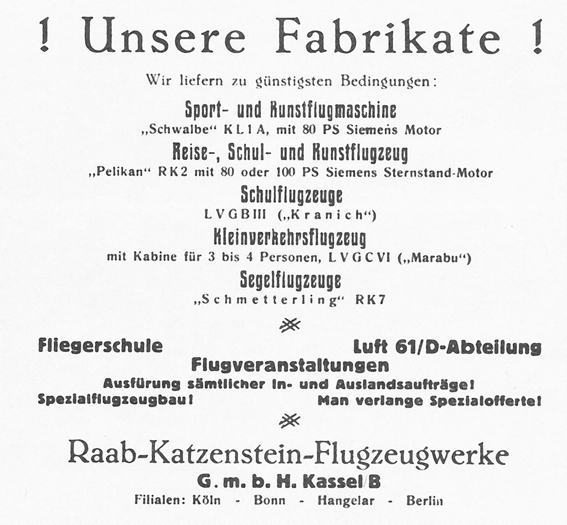 Anzeige der Raab-Katzenstein-Flugzeugwerke 