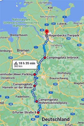 Die Fahrstrecke nach Hamburg in 5 Etappen 