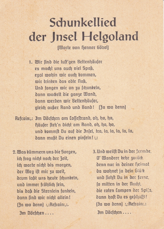 Text eines Schunkelliedes zur Insel Helgoland Gaststätte 