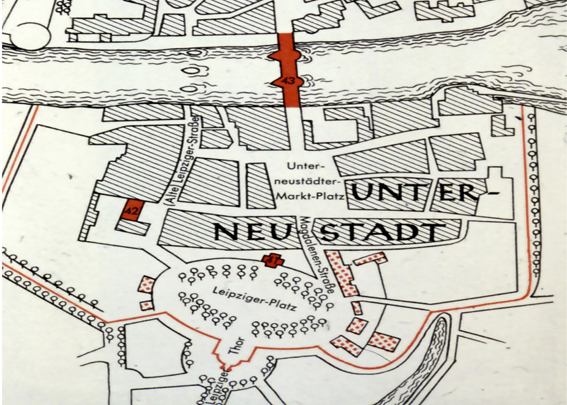 Auf dem Stadtplan von du Ry ist die Zollmauer rot gekennzeichnet, die Gebäude No. 41 die Anatomie, No. 42 das Accouchir - und Findelhaus, No. 43 die Wilhelmsbrücke. 