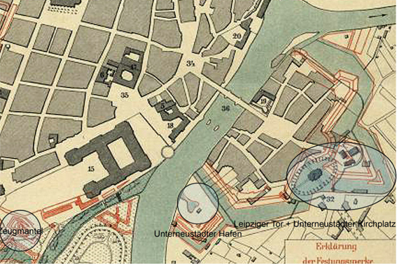 Stadtplan von 1866 von Bauinspektor Böckel Ausschnitt Unterneustadt 