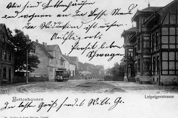 Postkarte der Leipziger Straße mit Haltestelle Kirchgasse um 1900 