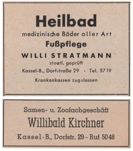 Anzeigen 1956 Willi Stratmann Heilbad und Willibald Kirchner Samen- und Zoofachgeschäft beide in der Dorfstraße 29 