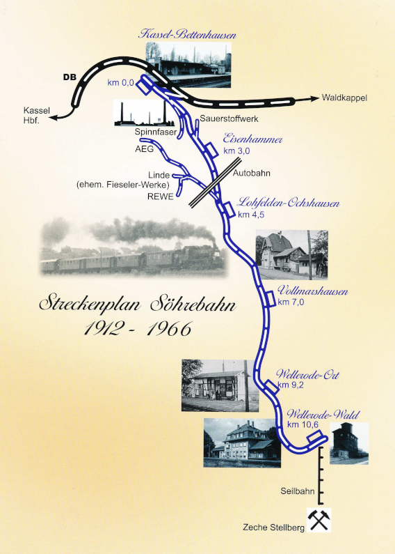 Streckenplan der Söhrebahn mit Anschlussgleisen und Bahnhöfen