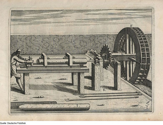 Herstellung hoelzerner Wasserleitungsrohre (Teuchel) auf einem alten Stich 