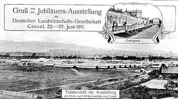 Totalansicht_der_Landwirtschaftsausstellung_mit_Blick_nach_Wilhelmshöhe, Zelte und Wege, davor große Feldfläche